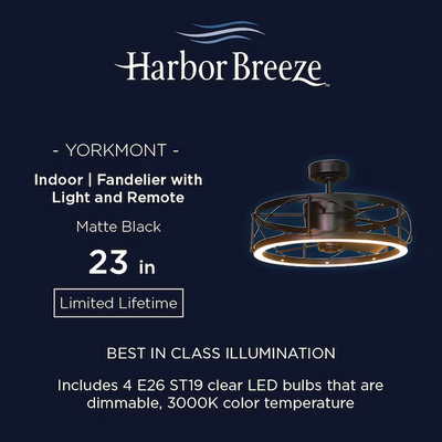 Harbor Breeze Yorkmont 23-in Integrated LED Black with Matte Black Blades Fandelier Ceiling Fan With Light - Remote Included ( 3 -Blade )