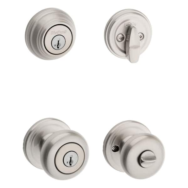 Kwikset Signature Series Juno Satin Nickel SmartKey Exterior Single-Cylinder Combined Door Knob Combo Pack with Antimicrobial Technology