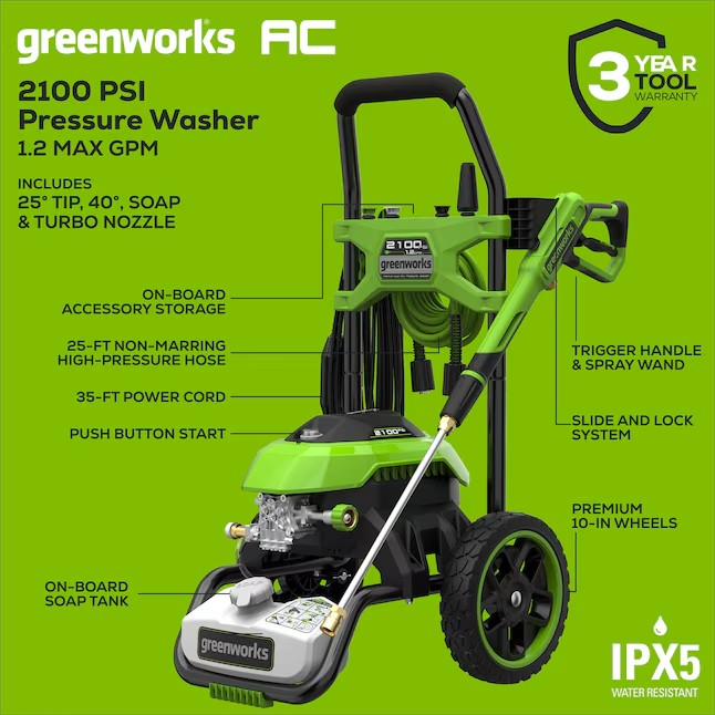 Greenworks 2100-PSI 1.2-GPM Cold Water Electric Pressure washer with 4-in Spray Tips